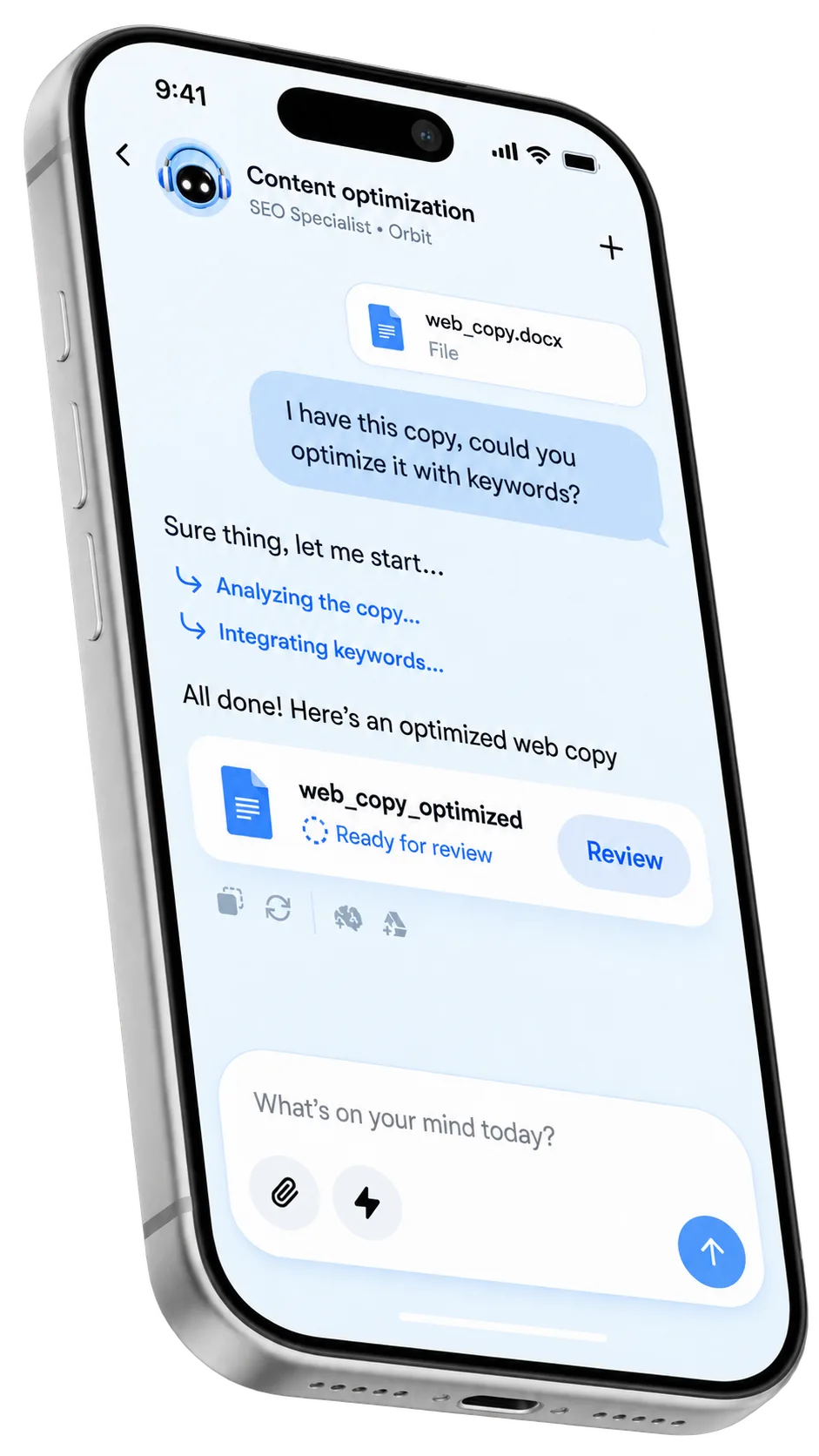 SEO content optimization chat with file upload and review state
