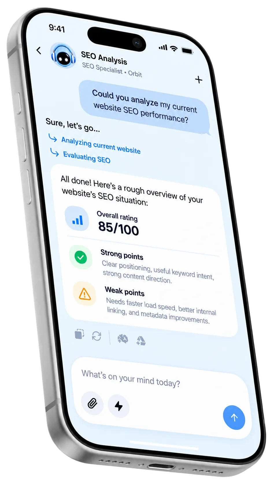 SEO analysis dashboard with rating, strengths, and weak points
