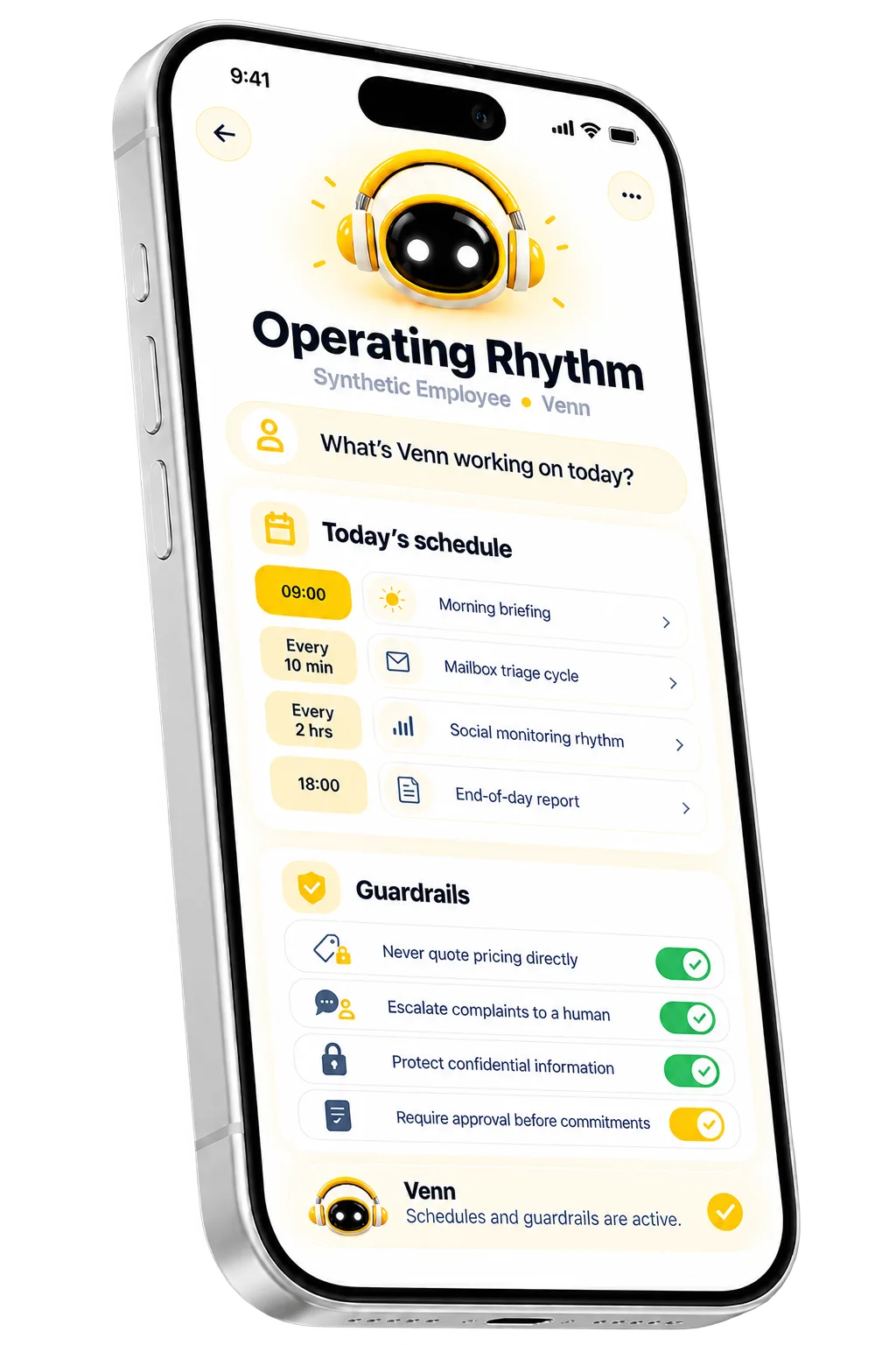 Synthetic employee escalation boundaries and logic rules board