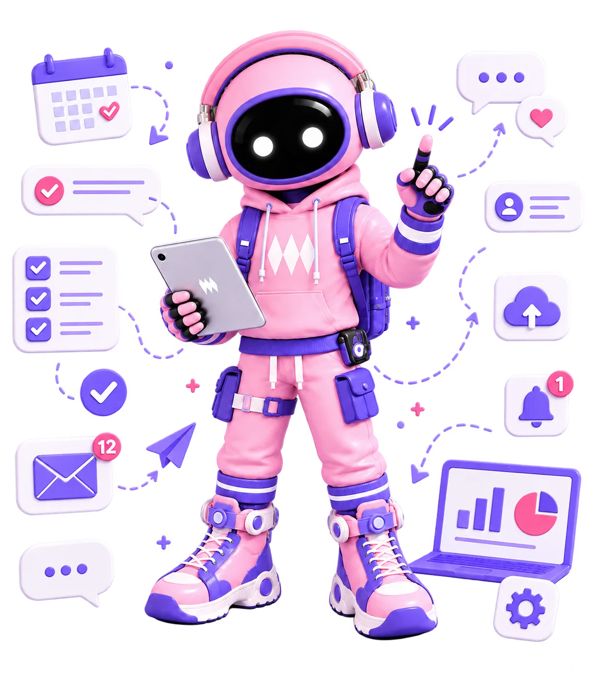 The Forge character holding a tablet, surrounded by a calendar, task checklists, an inbox showing twelve unread messages and notification badges.