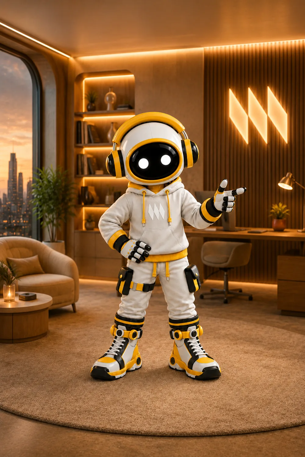 Flint, the business developer agent, in a white and yellow suit in a modern office
