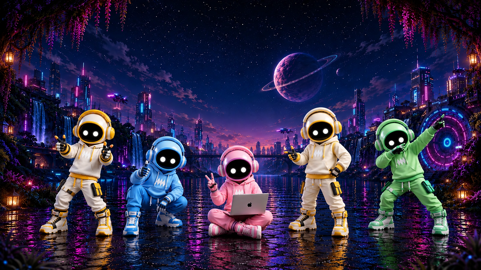 The five AgentMax characters together in a neon-lit city at night — Orbit in blue, Pulse in green, Forge in pink seated with a laptop, and Flint and Venn in white and yellow.